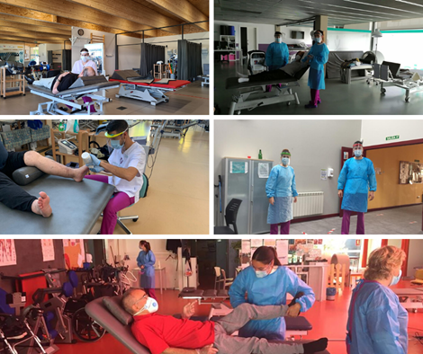 Collage con fotografías de las reaperturas de las sedes. Los trabajadores posan con material de protección