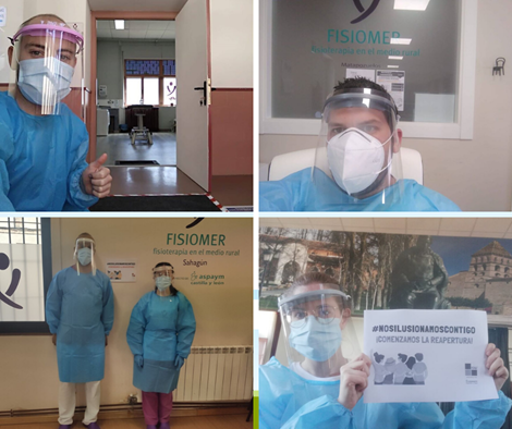 Collage con fotografías de las reaperturas de las sedes. Los trabajadores posan con material de protección