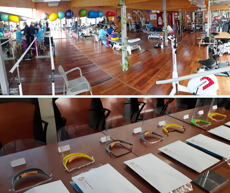 Collage con fotografías de las reaperturas de las sedes. Los trabajadores posan con material de protección