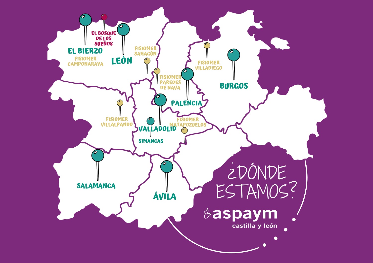Mapa de Castilla y León con los centros en los que ASPAYM Castilla y León está presente